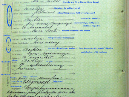 Zsigmond Klein Birth Record Annotated