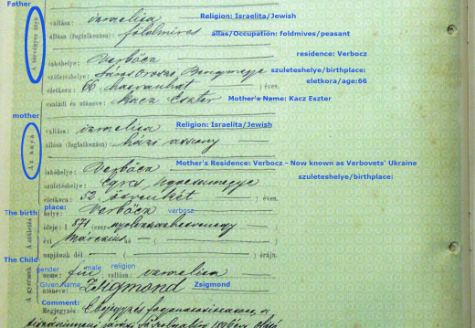 Zsigmond Klein Birth Record Annotated